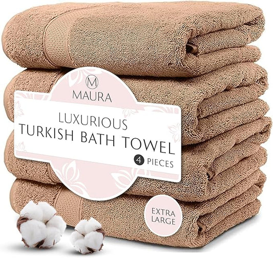 Maura Exquisite 4-Piece Turkish Bath Towel Set: Ultra-Soft, Thick, and Plush Towels for a Premium Hotel Experience in Timeless Classic Brown Elegance, Extra Large 30"x56"