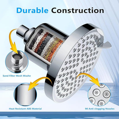 Filtered Shower Head with Filters: Removes Chlorine & Heavy Metals High Pressure Rain Showerhead for Hard Water Hair Skin 6'' Round Luxury Polished Chrome