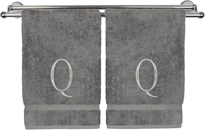 Monogrammed Hand Towel, Personalized Initial Gift, Extra Absorbent 100% Turkish Cotton - Soft Terry Finish - Set of 2 - Silver Block Initial Q - Embroidered on Grey Towels