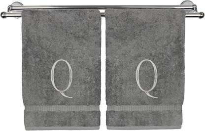 Monogrammed Hand Towel, Personalized Initial Gift, Extra Absorbent 100% Turkish Cotton - Soft Terry Finish - Set of 2 - Silver Block Initial Q - Embroidered on Grey Towels