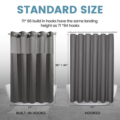 Charcoal Grey Long No Hook Shower Curtain with Snap in Liner,230GSM Waffle Weave Shower Curtains for Bathroom,71W x 86H