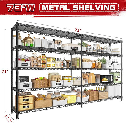 REIBII 73''W Shelf, Storage Shelves Load 1650 LBS Metal Shelving 5-Tier Wire Shelving Unit, Adjustable Heavy Duty Metal Shelves Wire Shelf for Pantry Kitchen Industrial Garage, 17.7"D x 73"W x 71"H
