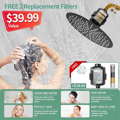 SunCleanse Shower System - 12 Inch Dual Filtered Rainfall Shower Head Combo - High Pressure 3 Spray Mode Showerhead-Included Rough in Valve and Trim Kit - Matte Black