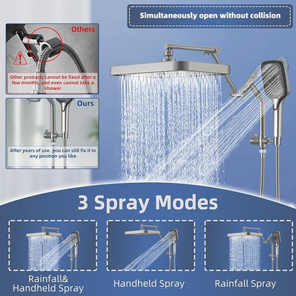 14" High Pressure Rain/Rainfall Shower Heads With Handheld Spray Combo (3+1 Settings & Built-in Power Wash Mode), Double/Dual Shower Head With Handheld - Height/Angle Adjustable(Brushed Nickel)