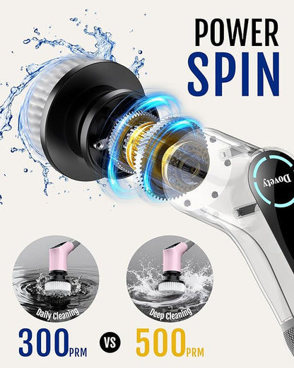 Dovety Electric Spin Scrubber, Cordless Cleaning Brush, Shower Scrubber with 8 Replaceable Brush Head, Power Cleaning Brush with Extension Handle, 2 Adjustable Speed, for Bathtub Grout Tile Floor