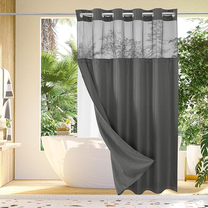 Gibelle Extra Long Shower Curtain 72x86, Waffle Weave Bathroom Shower Curtain with Snap-in Fabric Liner Set, No Hooks Needed, Hotel Style with Mesh Top Window, Charcoal Grey