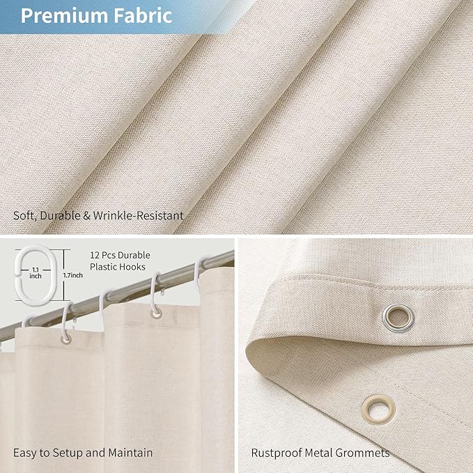 2-in-1 Waterproof Extra Long Fabric Shower Curtain or Liner,Linen Textured,96 Inch Breathable TPU & Washable Bathroom Shower Curtain Set with 12 Plastic Hooks,Modern,72"x96" Cream