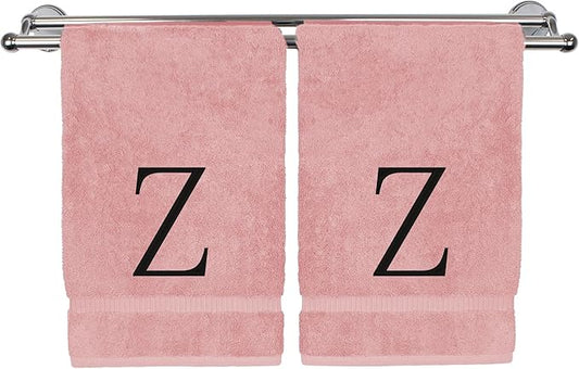 Monogrammed Hand Towel, Personalized Initial Gift, Extra Absorbent 100% Turkish Cotton - Soft Terry Finish - Set of 2 - Black Block Initial Z - Embroidered on Pink Towels