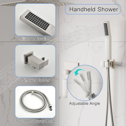 WELLFOR 12-In Ceiling Mount Shower System with Single Handle, Pressure-balanced Valve Included, Waterfall Dual Head Shower Head System, Rain Shower System, Shower Faucet Trim Kits, Brushed Nickel