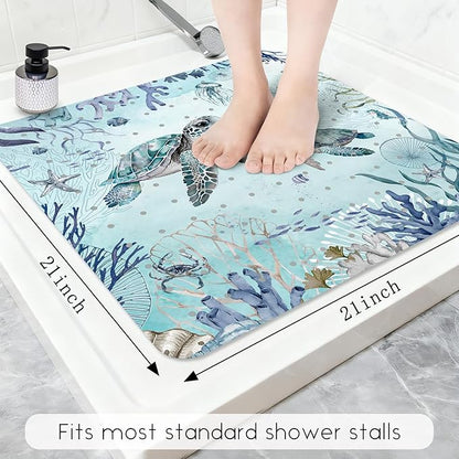Bathtub Mat Non Slip, Turtle Square Bath tub Mat Shower Floor Mat with Suction Cups for Adults Kids Elderly 21 X 21 Inch