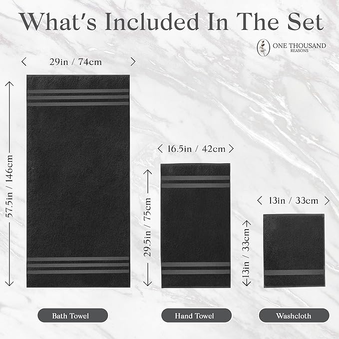 Premium Staple Cotton Bathroom Towel Set - Black 600 GSM 6-Piece Luxury Bath Towel Set 3 Stripe - 2 Bath Towels, 2 Hand Towels & 2 Washclothes Set - High Absorbent & Quick Dry for Gym, Spa, Hotel