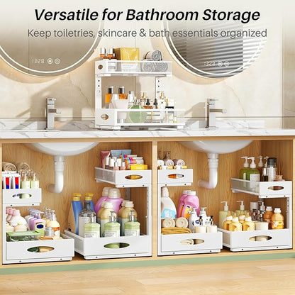 Under Sink Organizer, 1-Pack Pull Out Cabinet Organizer 2 Tier Metal Slide Out Storage Shelf Rack, L-Shaped Adjustable Height,Mesh Sliding Drawer for Kitchen, Bathroom, Laundry, Pantry, White, XL