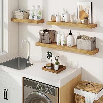 fuqing Floating Shelves for Wall, Wall Mounted Wood Floating Shelf with Invisible Brackets for Living Room, Bathroom, Bedroom, Kitchen Storage and Decor, 48 Inch Set of 2, Oak