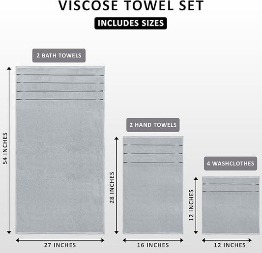 Utopia Towels 8 Piece Luxury Towel Set, 2 Bath, 2 Hand, and 4 Wash Cloths, 600 GSM Ring Spun Cotton, Highly Absorbent Viscose Stripe Towels, Ideal for Everyday use, Cool Grey