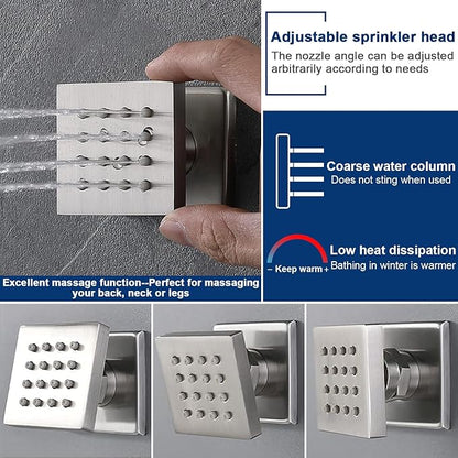 Multi Full Body Thermostatic Luxury Spa Shower System And 14x20 Inch LED 4 Functions Faucet Set, Rainfall Spray Waterfall Can Be Turned On Simultaneously,Brushed Nickel
