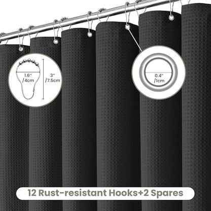 Inhousolu Fabric Shower Curtain Waffle Weave, 230 GSM Heavy Duty, Weighted Hem, 14 Metal Hooks, Water Repellent, Machine Washable, Hotel Spa Luxury Bath Curtain Set, 72 x 78 Inch, Black
