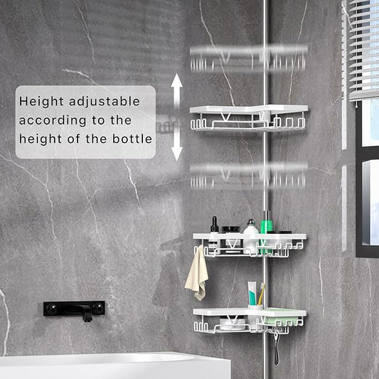 KEGII Corner Shower Caddy Tension Pole - Shower Tension Rod Organizer, Floor to Ceiling Shower Caddy 25-114.2 inch, Bathroom Rack Corner Waterproof, Pure White