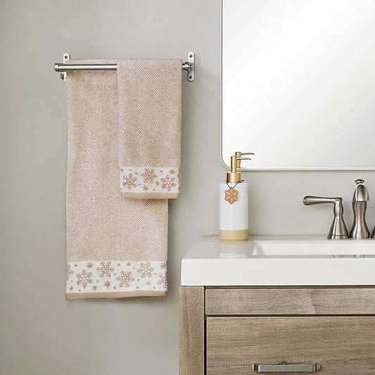 SKL Home Christmas/Winter Heather Snowflake 100% Cotton Premium Bath Towel, 500 GSM, Soft & Absorbent Jacquard, Decorative, Tan