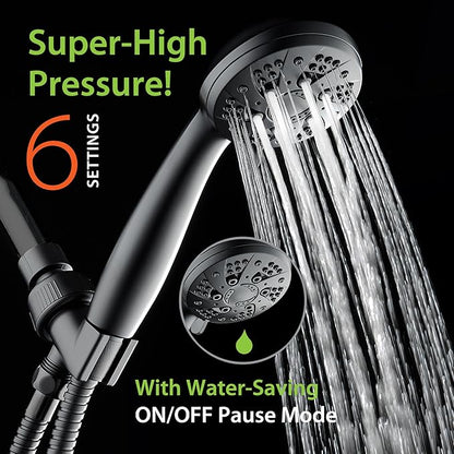 AquaDance High Pressure 6-Setting Matte Black Handheld Shower Head with Stainless Steel Hose. Officially Independently Tested to Meet Strict US Quality & Performance Standards!