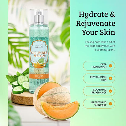 Home Spa Gift 10oz Deep Moisturizing Fragrance Body Lotion & 8 oz. Fine Fragrance Body Mist Set Luxury Self-Care Combo for Women and Girls (Cucumber Melon)