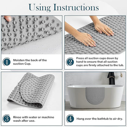 Silicone Bath Mat for Tub Non Slip, Bubble Massage Anti Slip Shower Mat with 27 x 15 Inches for Easy Storage, Washable Bathtub Floor Mats for All Ages, Grey, Oval