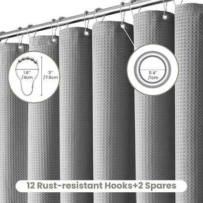 Inhousolu Fabric Shower Curtain Waffle Weave, 230 GSM Heavy Duty, Weighted Hem, 14 Metal Hooks, Water Repellent, Machine Washable, Hotel Spa Luxury Bath Curtain Set, 72 x 96 Inch, Grey