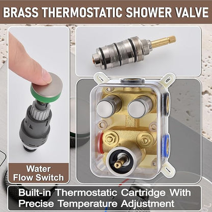 Thermostatic Shower Valve/System 12 inches Nickel Brass Faucet Set With Diverter/Mixer With Handheld Rain Head High Pressure Modern Rainfall