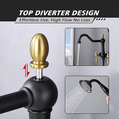 SUMERAIN High Flow Wall Mount Tub Filler, Vintage Bathtub Faucet with Sprayer and Rough-in Valve, Black and Gold Finish