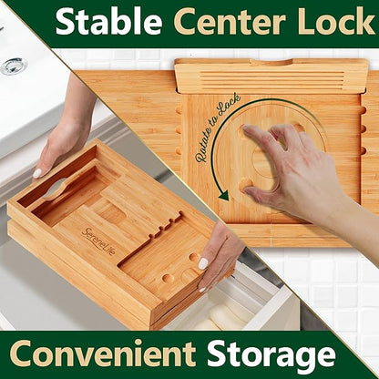 SereneLife Bamboo Bath Caddy with Fold and Lock Design - 30” to 43” Expandable Bathtub Tray, Easy Storage Folding Hinges