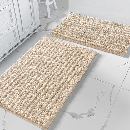 Yimobra Bathroom Rugs Sets 2 Piece - Quick Dry Extra Thick Luxury Chenille Bath Mat, Non Slip Super Absorbent for Tub Shower Sink, Machine Washable Shaggy Floor Mat, 44"x24"+24"x17" Inch, Light Brown