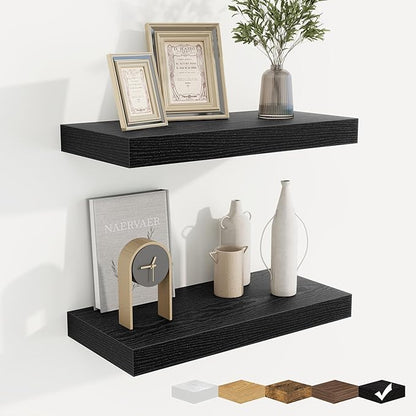 fuqing Floating Shelves for Wall, Wall Mounted Wood Floating Shelf with Invisible Brackets for Living Room, Bathroom, Bedroom, Kitchen Storage and Decor, 16 Inch Set of 2, Black
