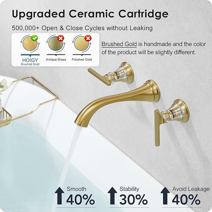 Wall Mount Tub Faucet, High Flow Solid Brass Brushed Gold Bathtub Faucet, 2 Handles Tub Filler with 8" Spout Reach, Rough-in Valve Included