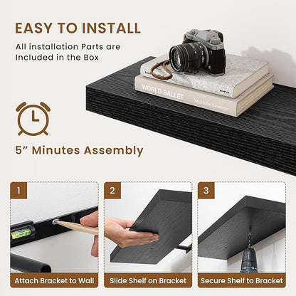 fuqing Floating Shelves for Wall, Wall Mounted Wood Floating Shelf with Invisible Brackets for Living Room, Bathroom, Bedroom, Kitchen Storage and Decor, 40 Inch Set of 2, Black