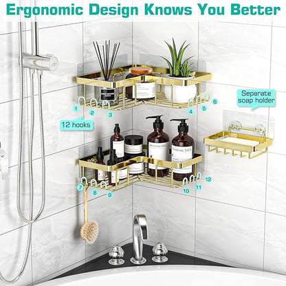 YASONIC Corner Shower Caddy, 3-Pack Adhesive Bathroom Caddy with Soap Holder and 12 Hooks, Rustproof Stainless Steel Shower Organizer, No Drilling Wall Mounted Shower Rack, for Bathroom, Gold