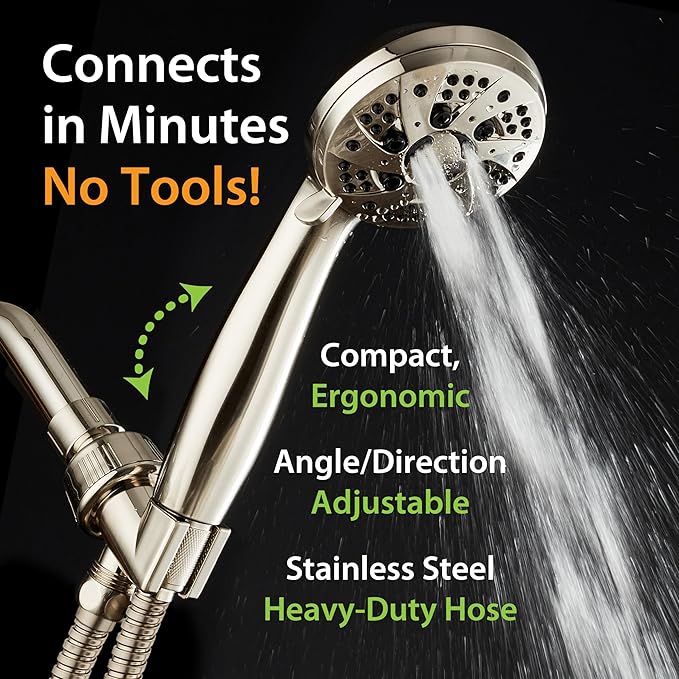 AquaDance For California High Pressure 6-Setting Full Brushed Nickel Face Handheld Shower with Hose for Ultimate Shower Experience! Officially Tested to Meet Strict US Quality & Performance Standards!