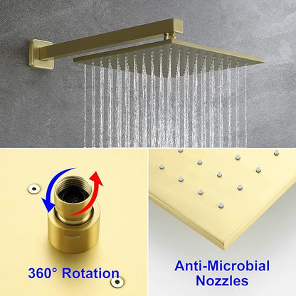 SHAMANDA Brass Rainfall Shower System, Luxuly Bathroom Shower Faucet Combo Set Brushed Gold(Including Rough-In Valve Body and Trim), L70001-3