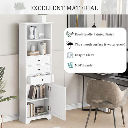 Favfurish 67" Tall Bathroom Storage Cabinet with Door and 3 Drawers,Modern Linen Cabinets w/Adjustable Shelf & 2-Tier Open Shelves,Freestanding Organizer for Bath Room,Study,Office,White