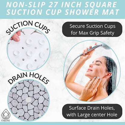 ENKOSI Square Shower Mat 27x27 inch - Anti Slip Shower Stall Floor Mat - Non Slip Shower Mats with Strong Secure Suction Cups and Drain Holes in Middle (27x27 Pebble)