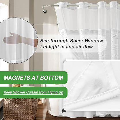 Long No Hook Tufted Chevron Striped Shower Curtain with Snap-in PEVA Liner Set - 72" x 86", Hotel Style with See Through Top Window, Water Repellent Fabric Shower Curtain White