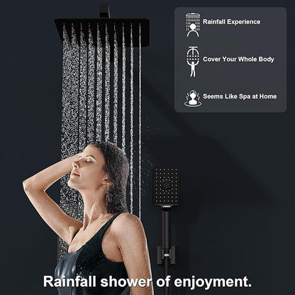 Rain Shower System 10IN Modern Brass Faucet Set With Valve and Diverter Shower Mixer With Handheld High Pressure Square Rainfall Shower Valve (10'' Wall Mount, Matte Black)