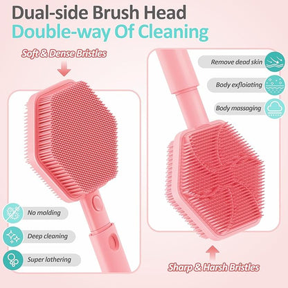 Silicone Back Scrubber & Soft Bath Glove 2PCS, 16''- 21''Extendable Back Scrubber with Dual-Side Large Head, 360° Anti-Slip Hand-fit Silicone Body Scrubber for Rich Foaming Deep Cleaning(Pink)