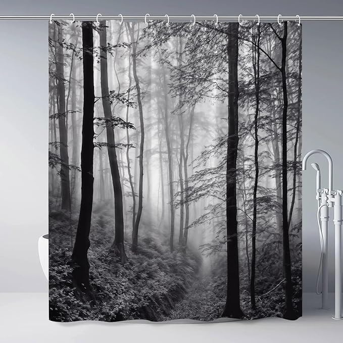 Misty Forest Shower Curtain Black White Foggy Nature Landscape Grey Fantasy Fog Tree Rustic Farmhouse Outdoor Bath Curtain with Hook 35Wx70H Inch