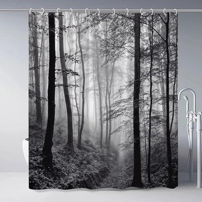 Misty Forest Shower Curtain Black White Foggy Nature Landscape Grey Fantasy Fog Tree Rustic Farmhouse Outdoor Bath Curtain with Hook 59Wx70H Inch