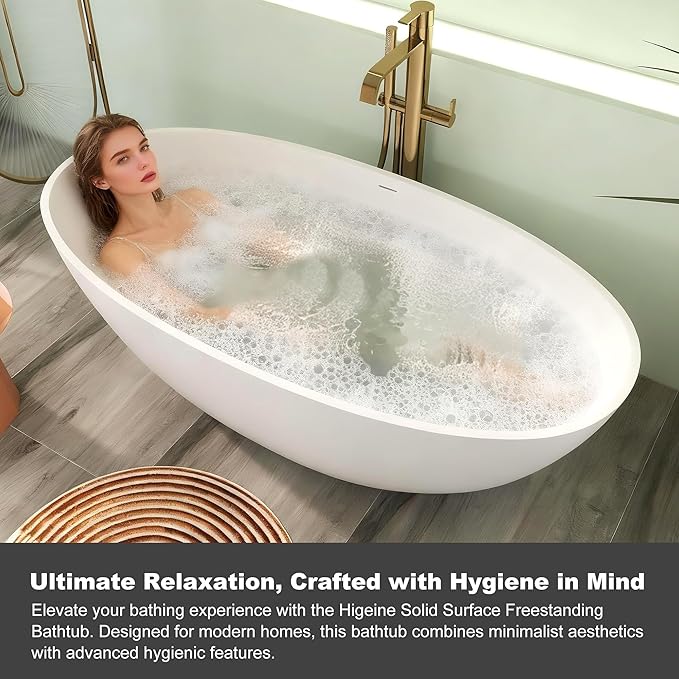 Upgraded 65" Solid Surface Freestanding Bathtub, Oval Stone Resin Tub with Overflow and Pop-up Drain, Matte White
