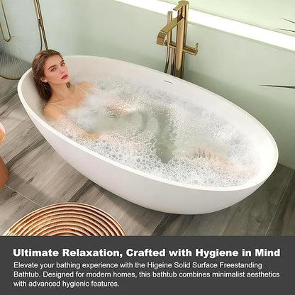 Upgraded 65" Solid Surface Freestanding Bathtub, Oval Stone Resin Tub with Overflow and Pop-up Drain, Matte White