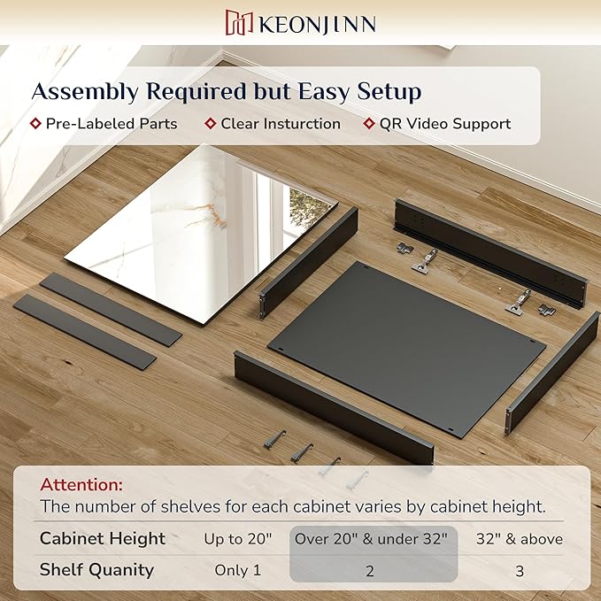 Keonjinn 40 x 26 Inch Medicine Cabinet, Assembly Required, Black Bathroom Medicine Cabinets Mirror, Lightweight, Adjustable Shelves, Surface Mount or Recessed, Tempered Glass
