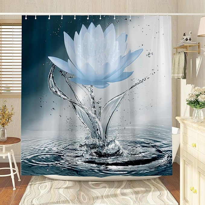 Lotus Shower Curtain Black White Blue Flower Elegant Blooming Floral with Dew Spring Flower Reflection on Water Modern Romantic Polyester Fabric Bathroom Decor 86×70 Inch with Hook