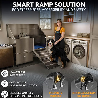 KANIS Professional Dog Washing Station - 304 Stainless Steel Pet Wash Sink & Grooming Bathtub w/Shower, Floor Grates and Storage for Large, Medium & Small Pets (50", 1 Drawer - Right Ramp)