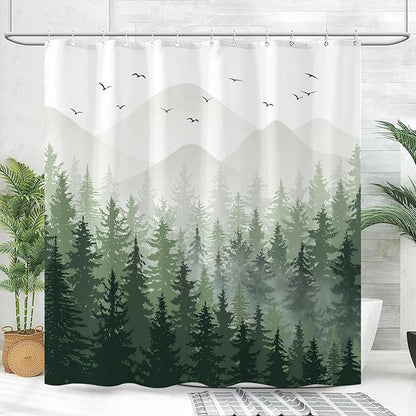 Aipon Green Misty Forest Shower Curtain Ombre Nature Tree Plants Shower Curtains Fabric Waterproof Mountain Shower Curtain Sets for Bathroom Bath Decor with 12 Hooks (Green, 72'' × 78'')