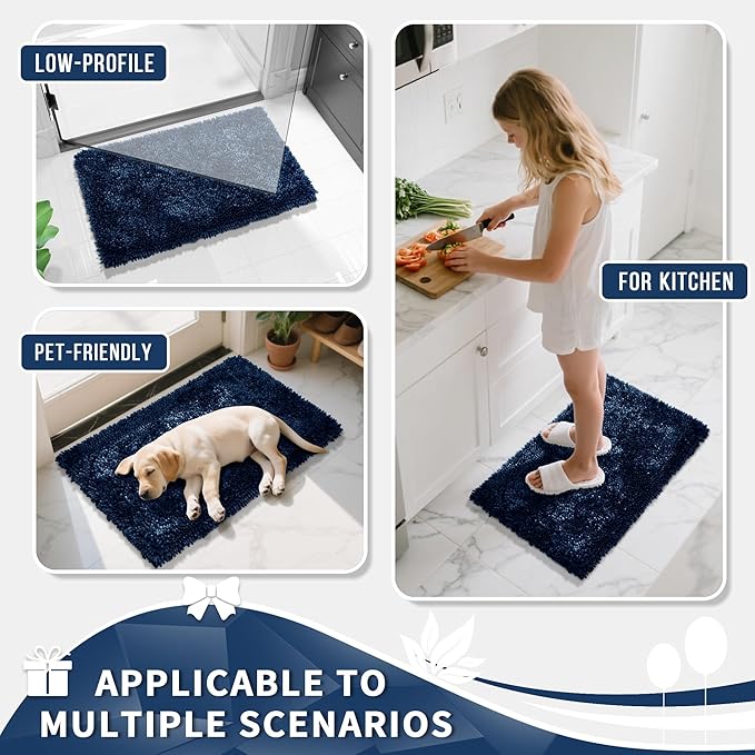 Yimobra Chenille Bathroom Rugs Non Slip, Extra Thick Soft Absorbent Bath Rug 31.5x20 Inch, Machine Washable Quick Dry Bath Mat for Bathroom Floor, Tub and Shower, Home Decor Accessories, Navy Blue